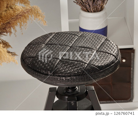 Round black leather padded stool seat pad featuring woven pattern 126760741