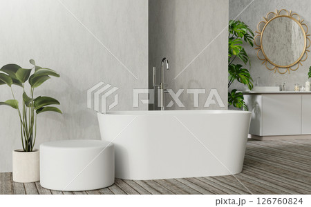 Sleek bathroom featuring a modern freestanding tub and stylish round stool with elegant circular mirror, 3D render illustration. 126760824