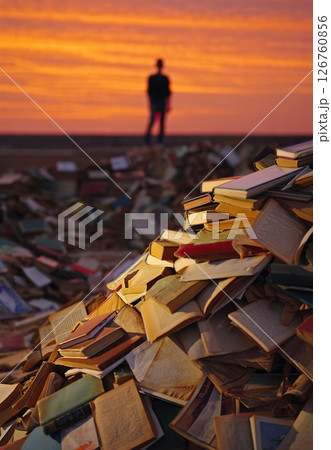 Vast pile of discarded books and a person silhouette standing in the background against a dramatic dark sunset. Sense of literature loss, end of an era for printed knowledge. Textbooks wastefield 126760856