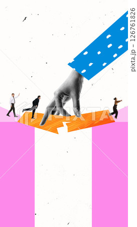 Contemporary art collage. Multiple hands form vertical ladder helping people ascend and cross to success. Ladder Up 126761826