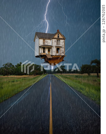 Ghost weathered house uprooted from the ground flying with exposed foundation. Surreal rapture with home floating eerily during a thunderstorm above the wet roadway with lightnings striking behind 126762085
