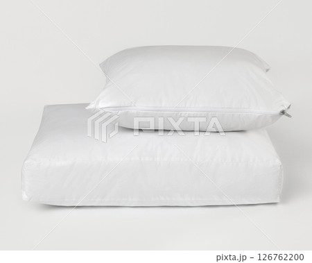 White pillow and mattress protector on white background White pillow and mattress protector on white background 126762200