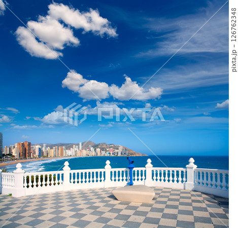 Benidorm balcon del Mediterraneo sea from white balustrade Benidorm balcon del Mediterraneo sea from white balustrade 126762348