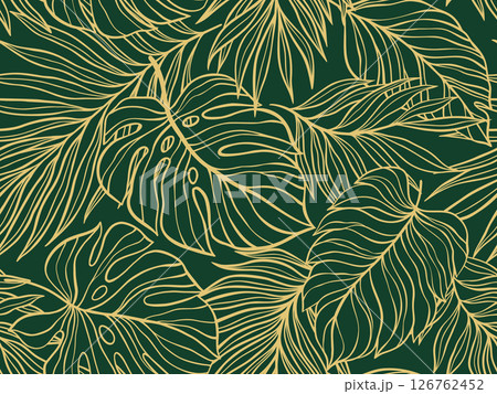 Vector Illustration Background Featuring A Seamless Pattern Of Tropical Leaves Drawn With Gold Lines On A Rich Dark Green Backdrop, Creating A Luxurious And Elegant Natural Design Vector Illustration Background Featuring A Seamless Pattern Of Tropical Leaves Drawn With Gold Lines On A Rich Dark Green Backdrop, Creating A Luxurious And Elegant Natural Design 126762452