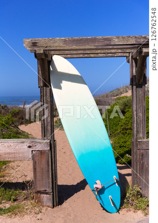 California surfboard on beach in Cabrillo Highway Route 1 126762548