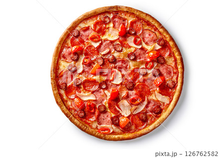 Delicious pepperoni pizza with tomatoes, sausage, and chili peppers on white background Delicious pepperoni pizza with tomatoes, sausage, and chili peppers on white background 126762582