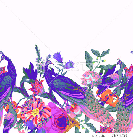 Seamless pattern with peacock and painting rococo still-lifes flowers. Vector. 126762593