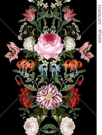 Border pattern with oil painting rococo still-lifes flowers. Vector. 126762613