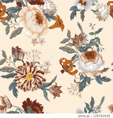 Seamless floral pattern with oil painting rococo still-lifes flowers. Vector. Seamless floral pattern with oil painting rococo still-lifes flowers. Vector. 126762636