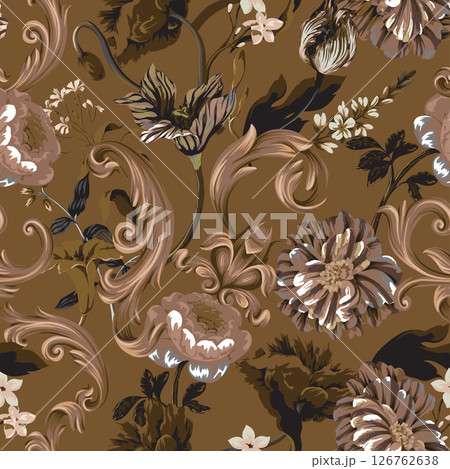 Seamless pattern with oil painting rococo still-lifes flowers and baroque elements. Vector. 126762638