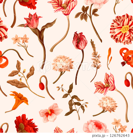 Seamless floral pattern with oil painting rococo still-lifes flowers. Vector. 126762643