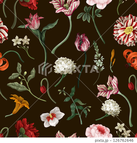 Seamless floral pattern with oil painting rococo still-lifes flowers. Vector. 126762646