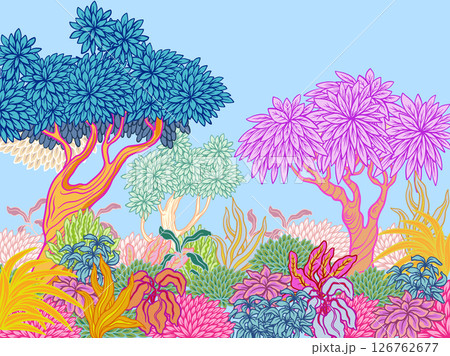 Mural with vivid stylized trees and plants in graphic style. Vector. 126762677