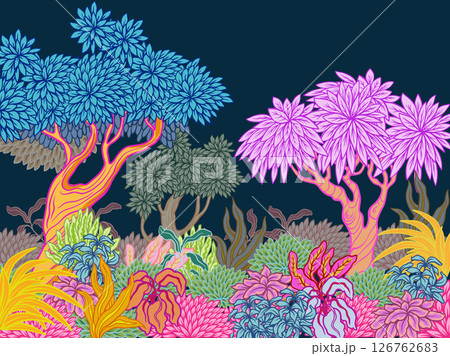 Mural with vivid stylized trees and plants in graphic style. Vector. Mural with vivid stylized trees and plants in graphic style. Vector. 126762683