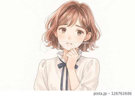 悩む女性イラスト｜考え込む若い女性の繊細水彩風 126762686