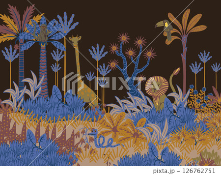 Mural with simple animals, trees and plants. Tropical jungle vector for kids. Mural with simple animals, trees and plants. Tropical jungle vector for kids. 126762751