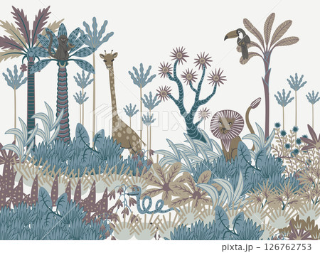 Mural with simple animals, trees and plants. Tropical jungle vector for kids. 126762753