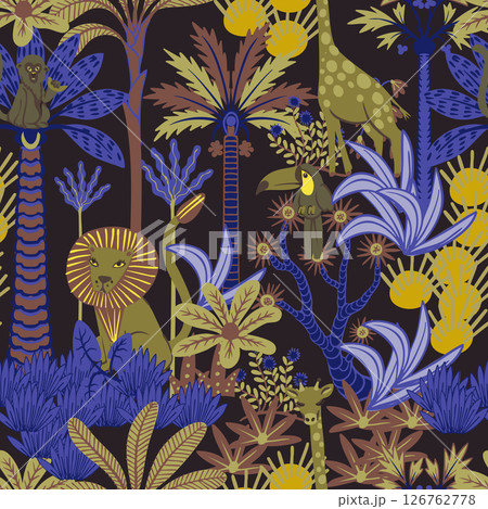 Seamless pattern with simple animals, trees and plants. Tropical jungle vector for kids. 126762778