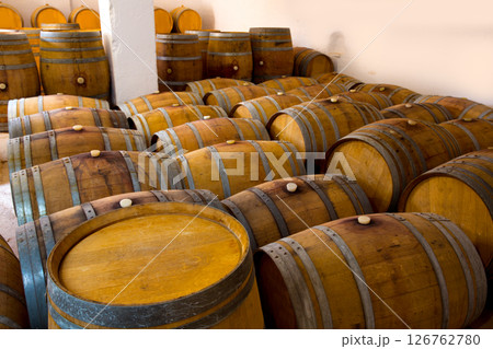 wine wooden oak barrels in winery 126762780