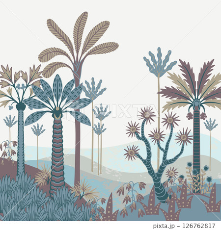 Mural with simple landscape with trees and plants. Tropical jungle vector. Mural with simple landscape with trees and plants. Tropical jungle vector. 126762817