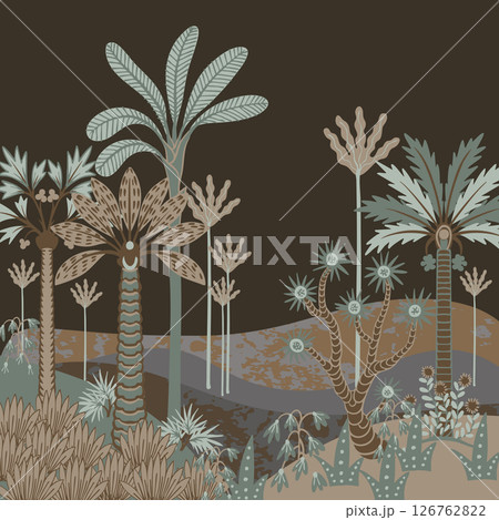 Mural with simple landscape with trees and plants. Tropical jungle vector. 126762822
