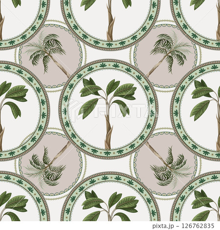 Seamless pattern with ornamental circle and palm trees. Vector. Seamless pattern with ornamental circle and palm trees. Vector. 126762835
