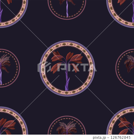 Seamless pattern with ornamental circle and palm trees. Vector. 126762845