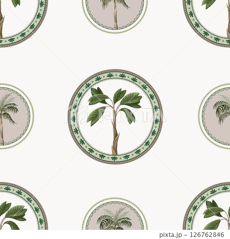 Seamless pattern with ornamental circle and palm trees. Vector. Seamless pattern with ornamental circle and palm trees. Vector. 126762846