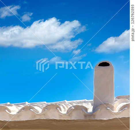 Menorca Es Grau white house chimney detail in Balearics Menorca Es Grau white house chimney detail in Balearics 126762893
