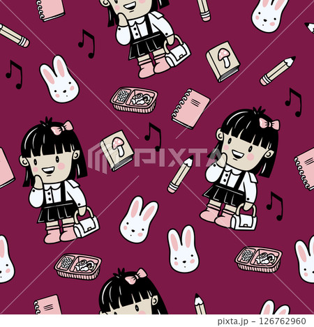 Seamless pattern with Chinese girl and bunnies in cartoon style. Vector. Seamless pattern with Chinese girl and bunnies in cartoon style. Vector. 126762960