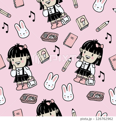 Seamless pattern with Chinese girl and bunnies in cartoon style. Vector. 126762962