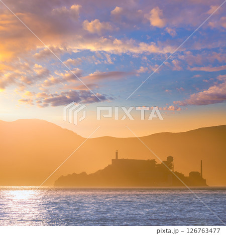 Alcatraz island penitentiary at sunset backlight in san Francisco 126763477