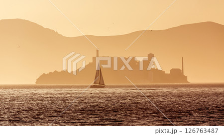 Alcatraz island penitentiary at sunset backlight in san Francisco 126763487