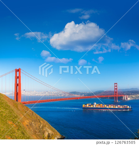 San Francisco Golden Gate Bridge merchant ship in California 126763505