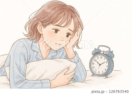 不眠で悩む女性イラスト｜パジャマ姿で時計を見つめる 126763540