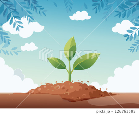 Young sprout growing from fertile soil under a clear sky, surrounded by floating leaves and peaceful nature, digital illustration with a soft and clean aesthetic. 126763595