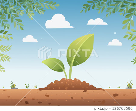 Small green plant emerging from earth with morning light and soft shadows, ideal for concepts of new beginnings and sustainable growth. 126763596