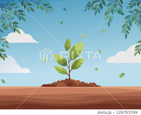 Bright green plant growing from dirt with morning sky background, ideal for themes of sustainability, eco lifestyle, and natural energy. 126763599