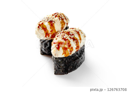 Gunkan maki sushi topped with cream cheese, sesame seeds and unagi sauce on white background 126763708