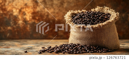 Burlap sack full of roasted coffee beans on rustic wooden table with warm brown background Burlap sack full of roasted coffee beans on rustic wooden table with warm brown background 126763721