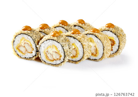 Hot fried sushi rolls with chicken, cheese and sauce isolated on white 126763742