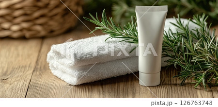 White tube cream mockup with towels and a rosemary on a wooden table 126763748