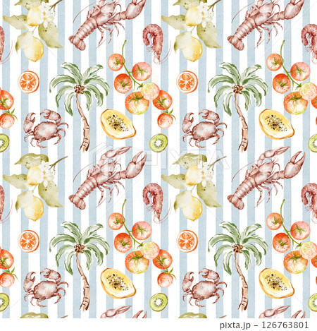 Mediterranean Seamless Watercolor Pattern with Seafood and Citrus on Blue Stripes Mediterranean Seamless Watercolor Pattern with Seafood and Citrus on Blue Stripes 126763801
