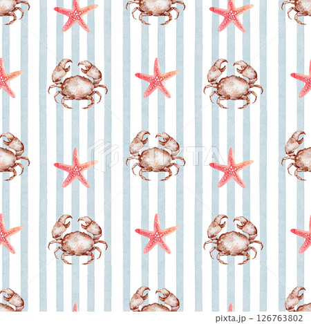 Mediterranean Seamless Pattern with Crabs and Starfish on Blue Stripes 126763802