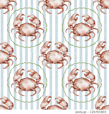 Mediterranean Crab Seamless Pattern with Blue Stripes Mediterranean Crab Seamless Pattern with Blue Stripes 126763803