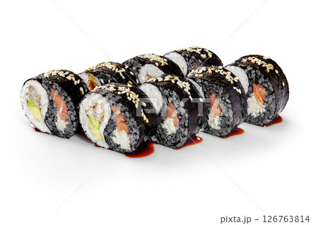 Black sushi rolls with salmon, avocado, cream cheese and sesame seeds on white background Black sushi rolls with salmon, avocado, cream cheese and sesame seeds on white background 126763814
