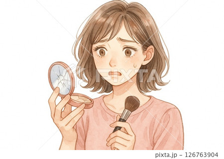 化粧崩れに焦る女性イラスト｜割れたミラーとメイク直し 126763904