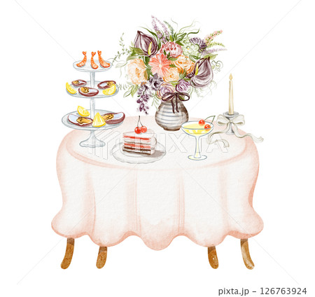 Dinner Table Setting with Wine and Candles for Celebration 126763924