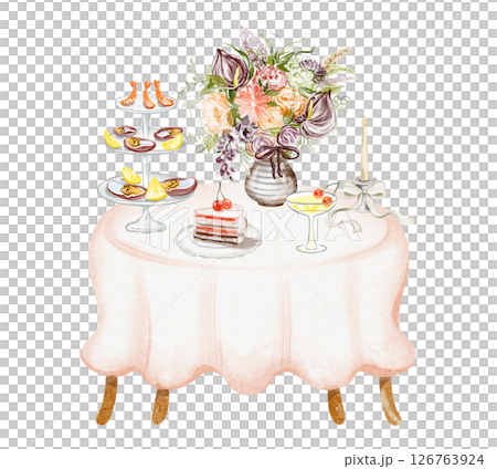 Dinner Table Setting with Wine and Candles for Celebration 126763924