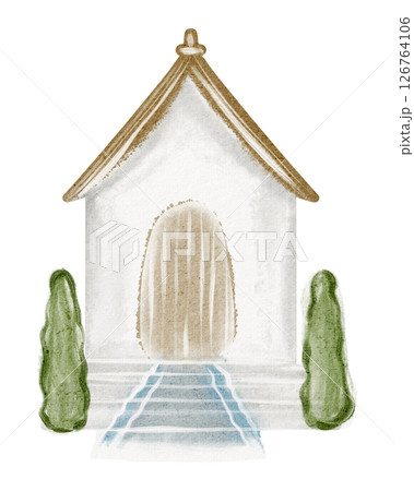 Watercolor Illustration of Rural Church with Steeple and Cross 126764106